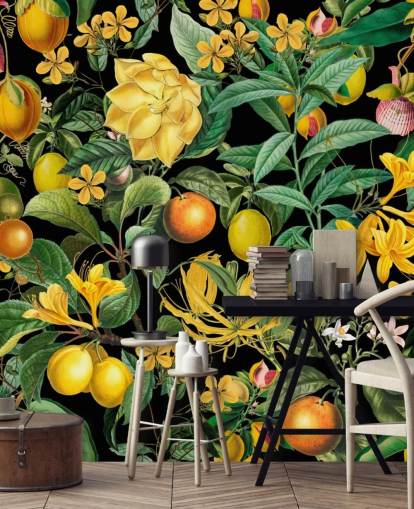 frutas amarelas e laranja em papel de parede de fundo preto