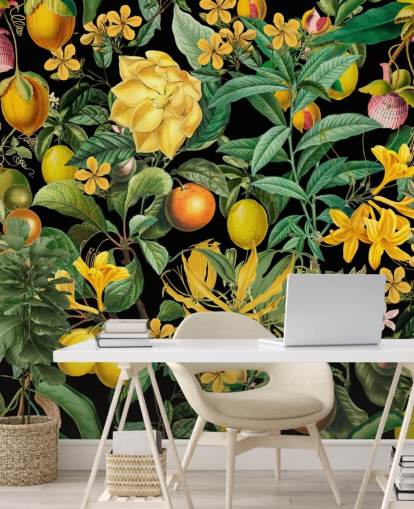 frutas amarelas e laranja em papel de parede de fundo preto