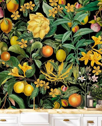 geel en oranje fruit op zwart achtergrondbehang