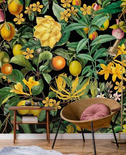 frutas amarelas e laranja em papel de parede de fundo preto