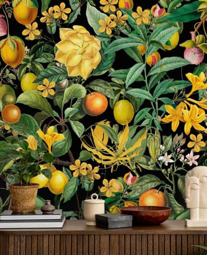 fruits jaunes et oranges sur fond noir papier peint