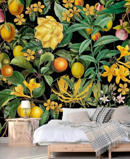 fruits jaunes et oranges sur fond noir papier peint