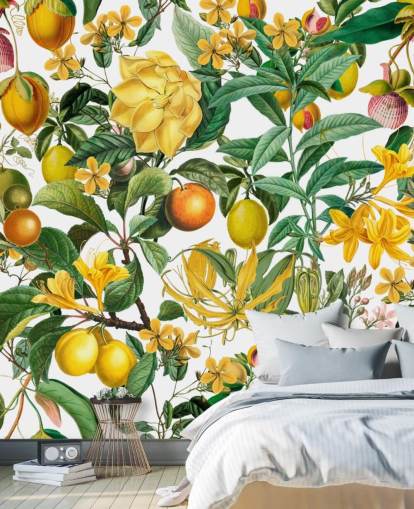 lemon and orange kitchen wallpaper mural by Andrea Haase for kitchens, mudrooms and cafes