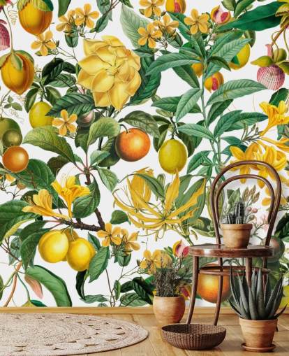 lemon and orange kitchen wallpaper mural by Andrea Haase for kitchens, mudrooms and cafes