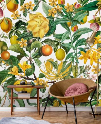 citron och orange kökstapetväggmålning av Andrea Haase för kök, lerum och kaféer