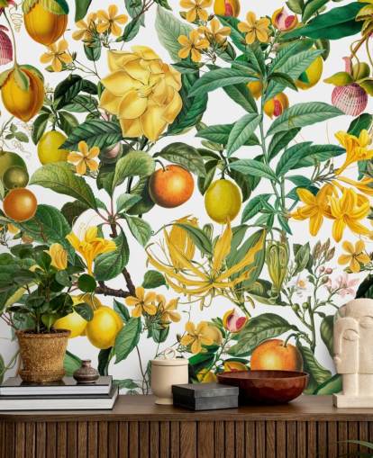 mural de papel pintado de cocina de limón y naranja de Andrea Haase para cocinas, vestíbulos y cafeterías