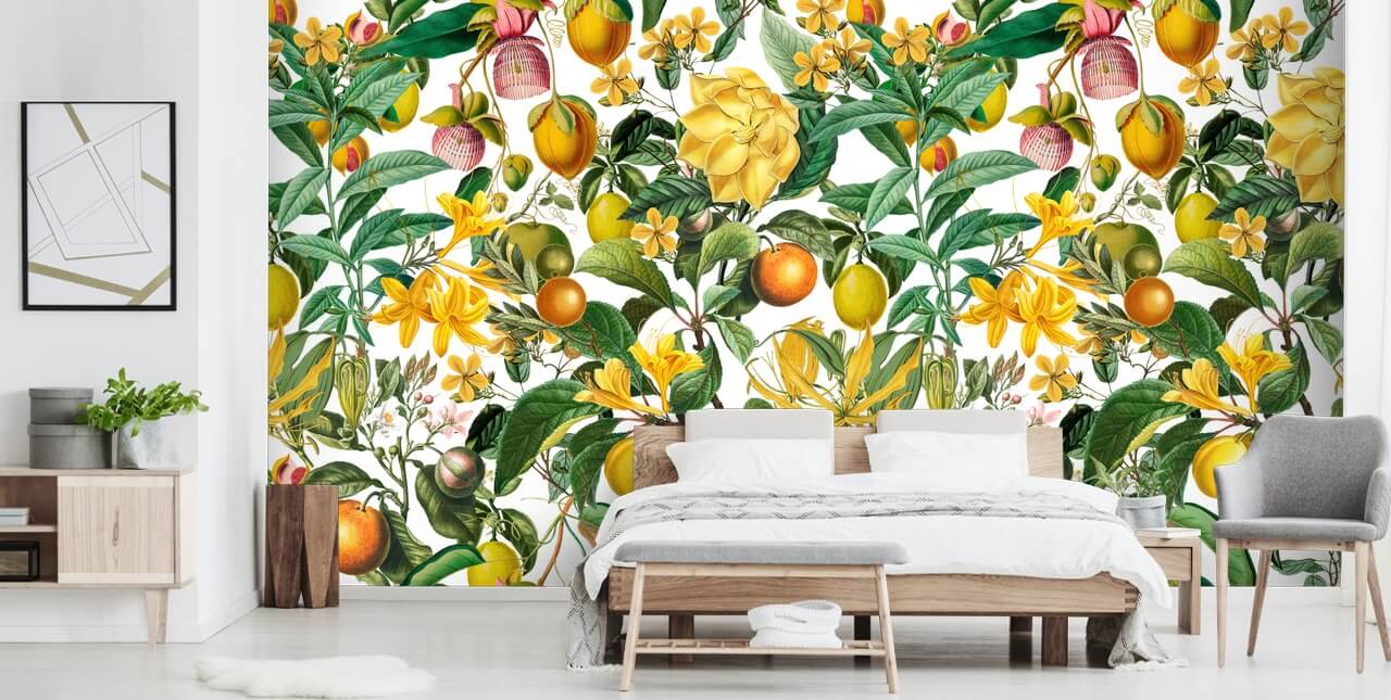 mural de papel pintado de cocina de limón y naranja de Andrea Haase para cocinas, vestíbulos y cafeterías