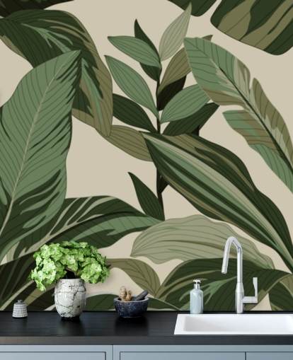 pop art style green tropical leaves wallpaper