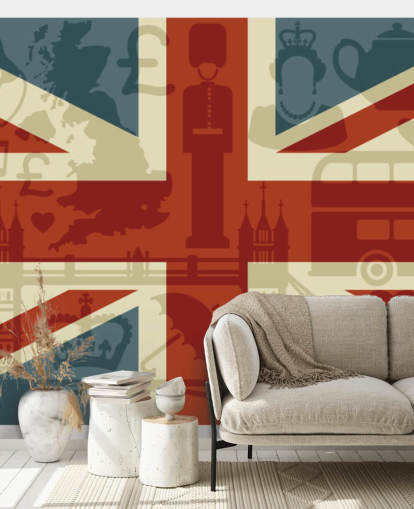 carta da parati bandiera union jack con figure britanniche