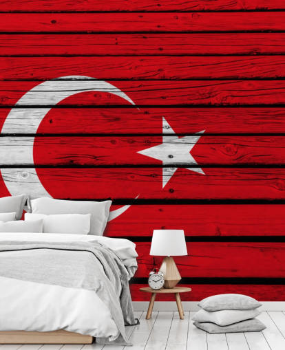 turkse rode en witte vlag op houten planken behang