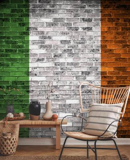 bandera irlandesa sobre papel tapiz de ladrillo