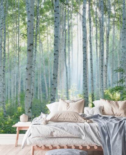 Weiße personalisierbare Birkentapete mit dem Titel White Birch Forest In Summer für Wohnzimmer