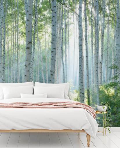 white customisable birch tree wallpaper mural called White Birch Forest In Summer for living rooms