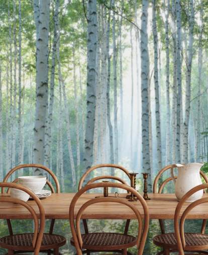 mural de papel pintado de abedul blanco personalizable llamado White Birch Forest In Summer para salas de estar