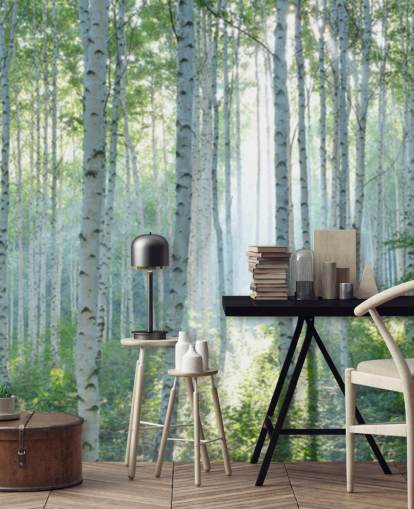 mural de papel de parede de bétula branca personalizável chamado White Birch Forest In Summer para salas de estar