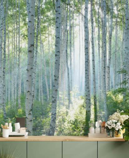 hvidt tilpasseligt birketræ tapetmaleri kaldet White Birch Forest In Summer til stuer