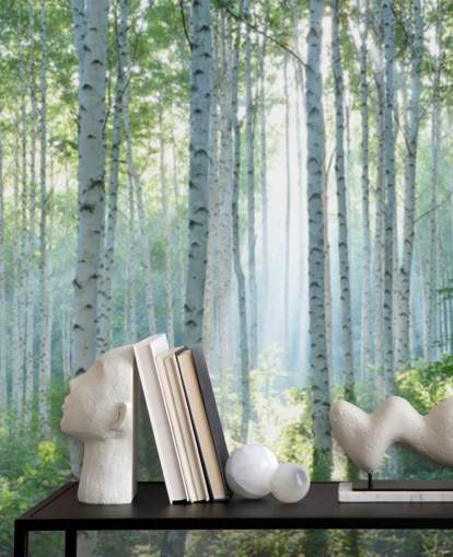 papier peint mural de bouleau blanc personnalisable appelé White Birch Forest In Summer pour les salons