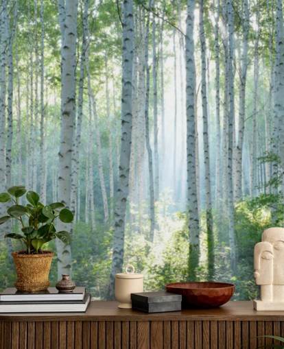 hvidt tilpasseligt birketræ tapetmaleri kaldet White Birch Forest In Summer til stuer