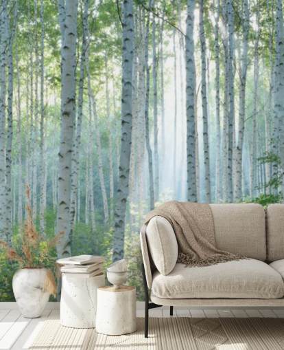 hvitt tilpassbart bjørketretapet veggmaleri kalt White Birch Forest In Summer for stuer