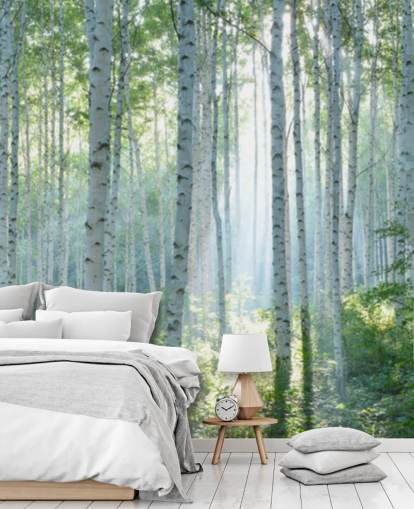 carta da parati murale bianca personalizzabile con albero di betulla chiamata White Birch Forest In Summer per salotti