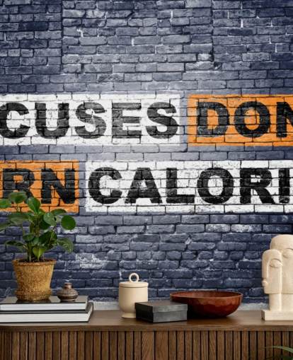 mural de papel pintado de gimnasio estilo graffiti llamado No More Excuses Graffiti para gimnasios y gimnasios en casa