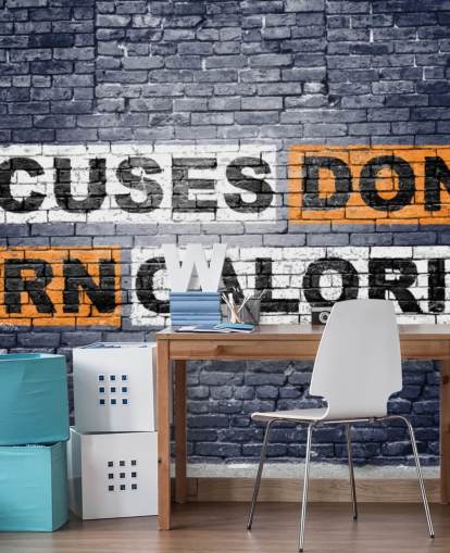 mural de papel pintado de gimnasio estilo graffiti llamado No More Excuses Graffiti para gimnasios y gimnasios en casa