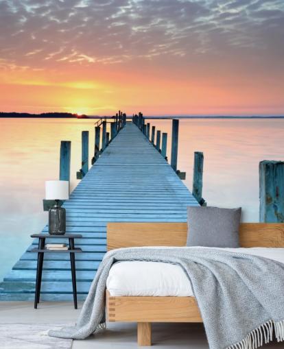 carta da parati murale personalizzabile con tramonto rosa pastello e blu chiamato Sunset Jetty per camera da letto o ufficio