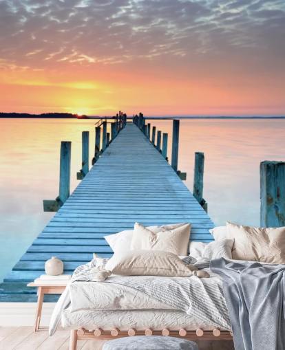 Personalisierbare Sonnenuntergangstapete in Pastellrosa und Blau namens Sunset Jetty für Schlafzimmer oder Büro Personalisierbare Sonnenuntergangstapete in Pastellrosa und Blau namens Sunset Jetty für Schlafzimmer oder Büro