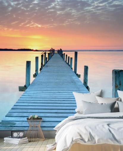 mural de papel pintado personalizable de color rosa pastel y azul al atardecer llamado Sunset Jetty para dormitorio u oficina