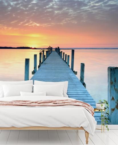 pastellrosa og blå tilpassbar solnedgang tapetmaleri kalt Sunset Jetty for soverom eller kontor