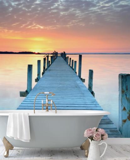 papier peint mural de coucher de soleil personnalisable rose pastel et bleu appelé Sunset Jetty pour chambre ou bureau