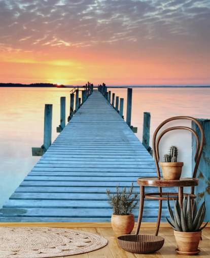pastellrosa og blå tilpasselig solnedgang tapetmaleri kaldet Sunset Jetty til soveværelse eller kontor