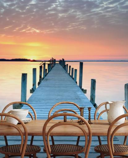 pastellin vaaleanpunainen ja sininen muokattava auringonlaskun taustakuvamaalaus nimeltä Sunset Jetty makuuhuoneeseen tai toimistoon