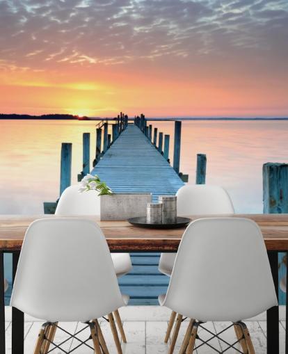 mural de papel pintado personalizable de color rosa pastel y azul al atardecer llamado Sunset Jetty para dormitorio u oficina mural de papel pintado personalizable de color rosa pastel y azul al atardecer llamado Sunset Jetty para dormitorio u oficina