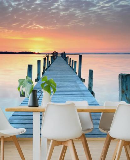 pastellrosa och blå anpassningsbar solnedgång tapetväggmålning kallad Sunset Jetty för sovrum eller kontor