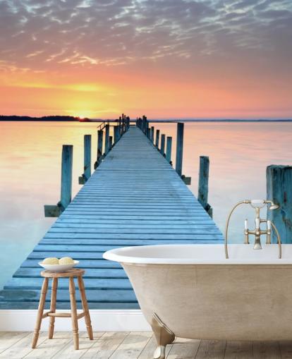 carta da parati murale personalizzabile con tramonto rosa pastello e blu chiamato Sunset Jetty per camera da letto o ufficio