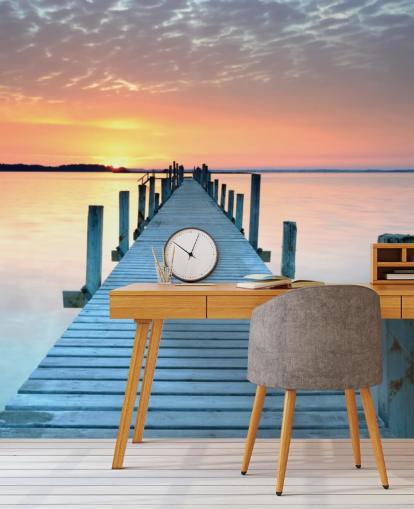 pastel pink and blue customisable sunset wallpaper mural called Sunset Jetty for bedroom or office