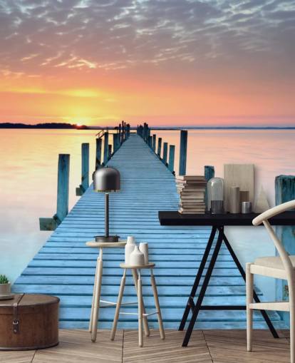 mural de papel pintado personalizable de color rosa pastel y azul al atardecer llamado Sunset Jetty para dormitorio u oficina