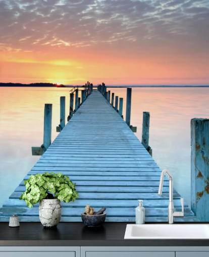 mural de papel pintado personalizable de color rosa pastel y azul al atardecer llamado Sunset Jetty para dormitorio u oficina