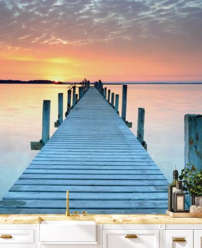pastellrosa og blå tilpasselig solnedgang tapetmaleri kaldet Sunset Jetty til soveværelse eller kontor pastellrosa og blå tilpasselig solnedgang tapetmaleri kaldet Sunset Jetty til soveværelse eller kontor