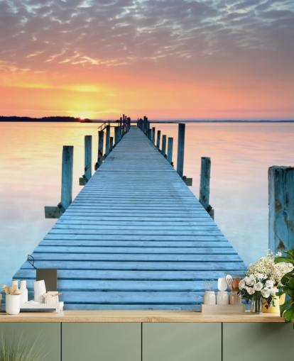 pastellrosa og blå tilpassbar solnedgang tapetmaleri kalt Sunset Jetty for soverom eller kontor