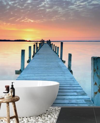 mural de papel de parede de pôr do sol personalizável em rosa pastel e azul chamado Sunset Jetty para quarto ou escritório mural de papel de parede de pôr do sol personalizável em rosa pastel e azul chamado Sunset Jetty para quarto ou escritório