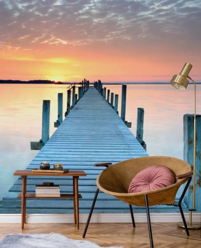 Personalisierbare Sonnenuntergangstapete in Pastellrosa und Blau namens Sunset Jetty für Schlafzimmer oder Büro
