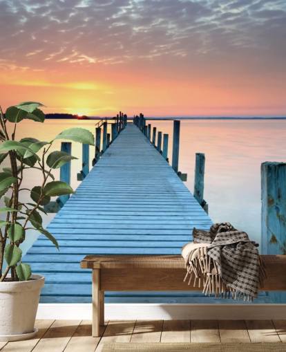 pastellrosa och blå anpassningsbar solnedgång tapetväggmålning kallad Sunset Jetty för sovrum eller kontor pastellrosa och blå anpassningsbar solnedgång tapetväggmålning kallad Sunset Jetty för sovrum eller kontor