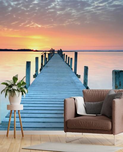 pastellrosa og blå tilpasselig solnedgang tapetmaleri kaldet Sunset Jetty til soveværelse eller kontor pastellrosa og blå tilpasselig solnedgang tapetmaleri kaldet Sunset Jetty til soveværelse eller kontor