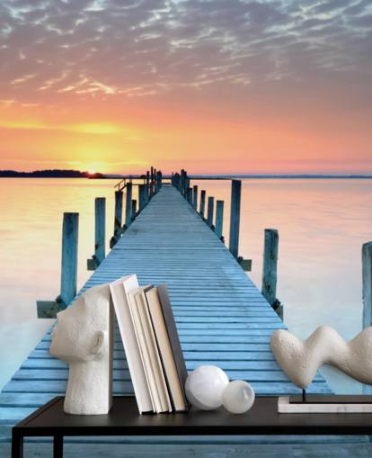 papier peint mural de coucher de soleil personnalisable rose pastel et bleu appelé Sunset Jetty pour chambre ou bureau