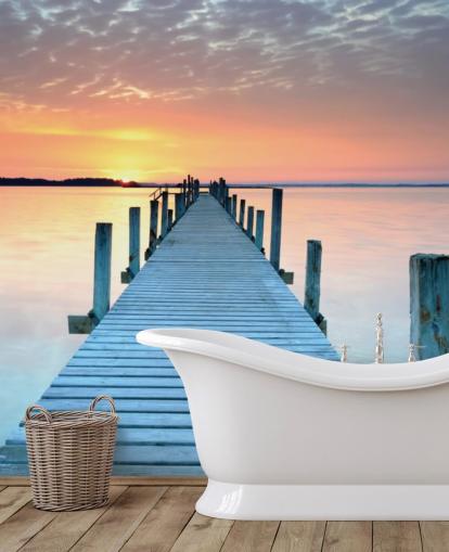 pastel pink and blue customizable sunset wallpaper mural called Sunset Jetty for bedroom or office