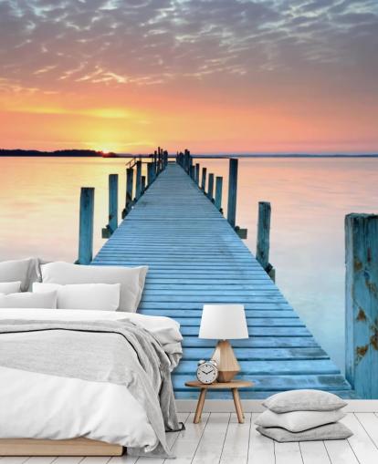 pastellrosa og blå tilpassbar solnedgang tapetmaleri kalt Sunset Jetty for soverom eller kontor pastellrosa og blå tilpassbar solnedgang tapetmaleri kalt Sunset Jetty for soverom eller kontor
