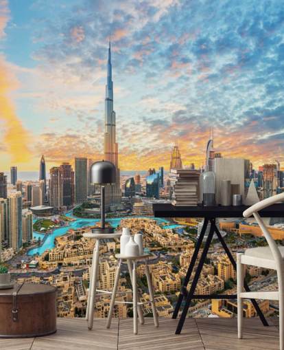city of dubai and beautiful fluffy clouded sky wallpaper