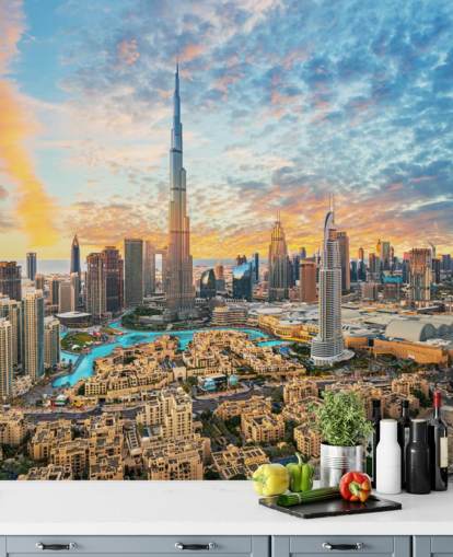 city of dubai and beautiful fluffy clouded sky wallpaper